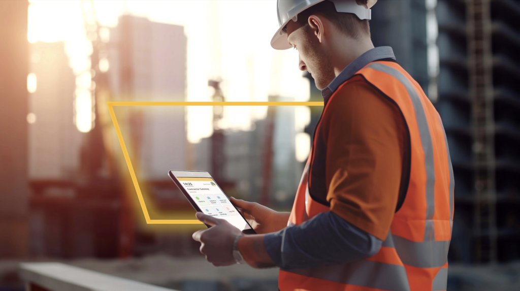 construction worker on site using work wallet on his iPad